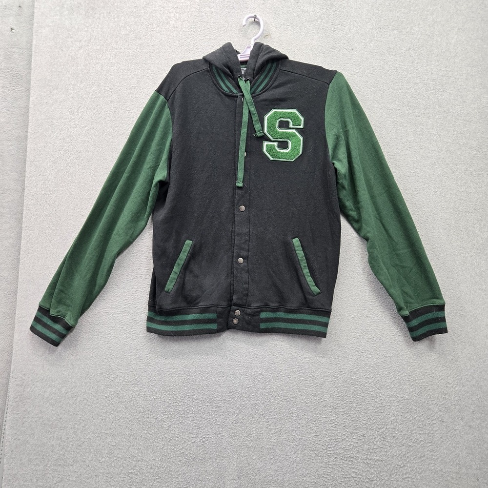 Harry Potter Men Jacket L Black Colorblock Varsity Slytherin Logo Hooded Fleece